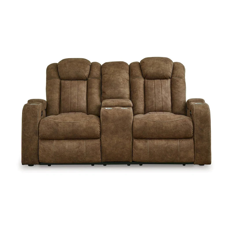 Canapé deux places relax électrique, appuie-tête réglable, similicuir nubuck gris