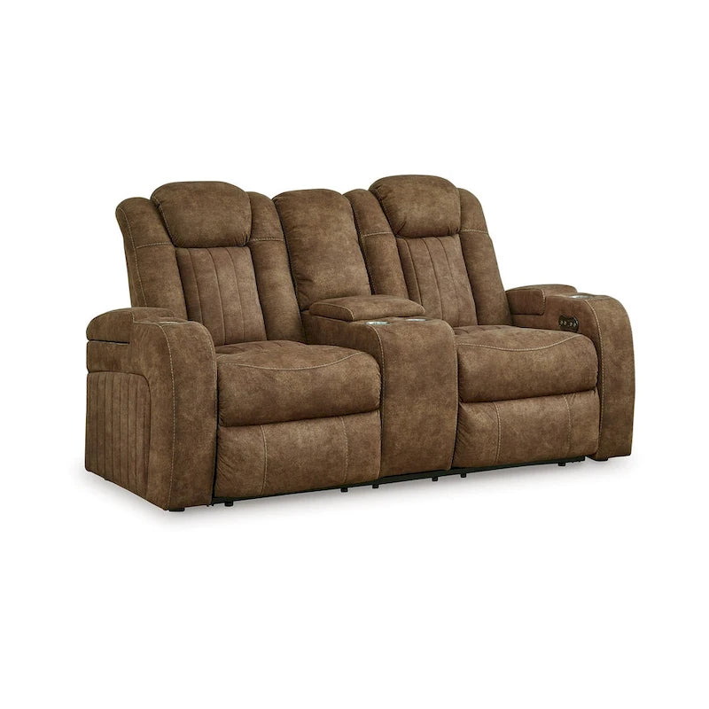 Canapé deux places relax électrique, appuie-tête réglable, similicuir nubuck gris