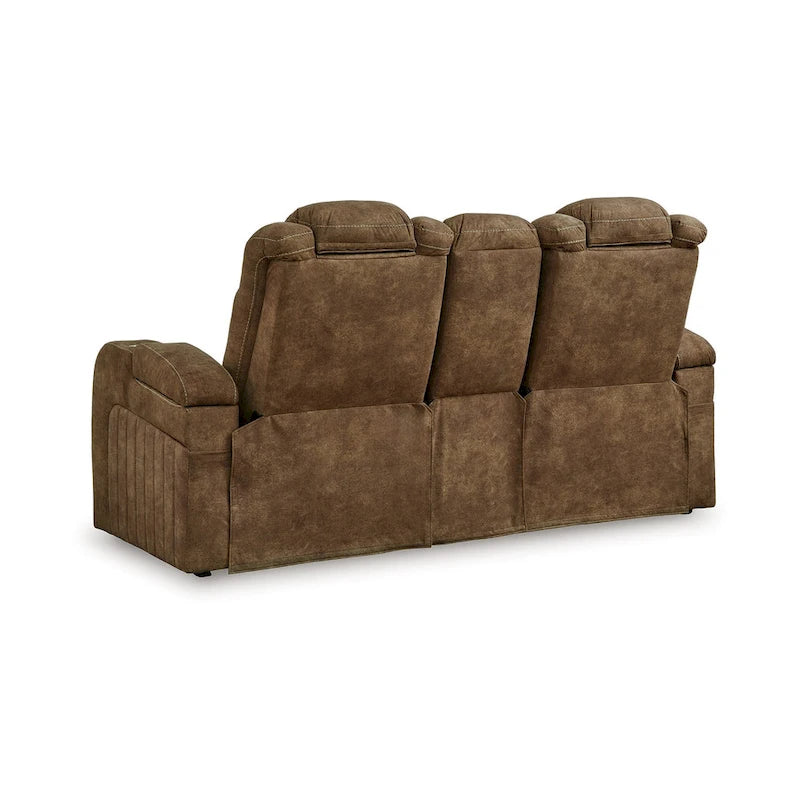 Canapé deux places relax électrique, appuie-tête réglable, similicuir nubuck gris