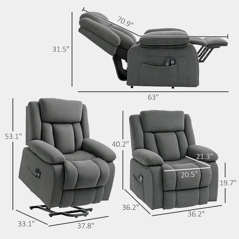 Fauteuil releveur électrique pour personnes âgées avec fonction massage et chauffage, fauteuil inclinable en tissu avec télécommandes