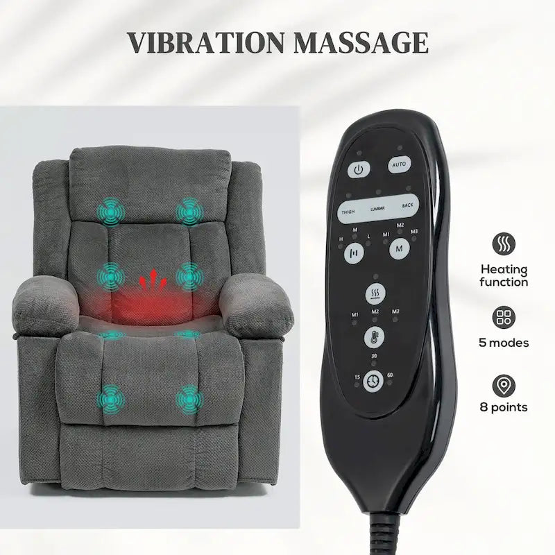 Fauteuil releveur électrique pour personnes âgées avec fonction massage et chauffage, fauteuil inclinable en tissu avec télécommandes