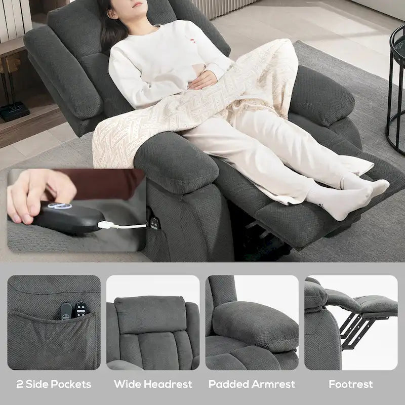 Fauteuil releveur électrique pour personnes âgées avec fonction massage et chauffage, fauteuil inclinable en tissu avec télécommandes