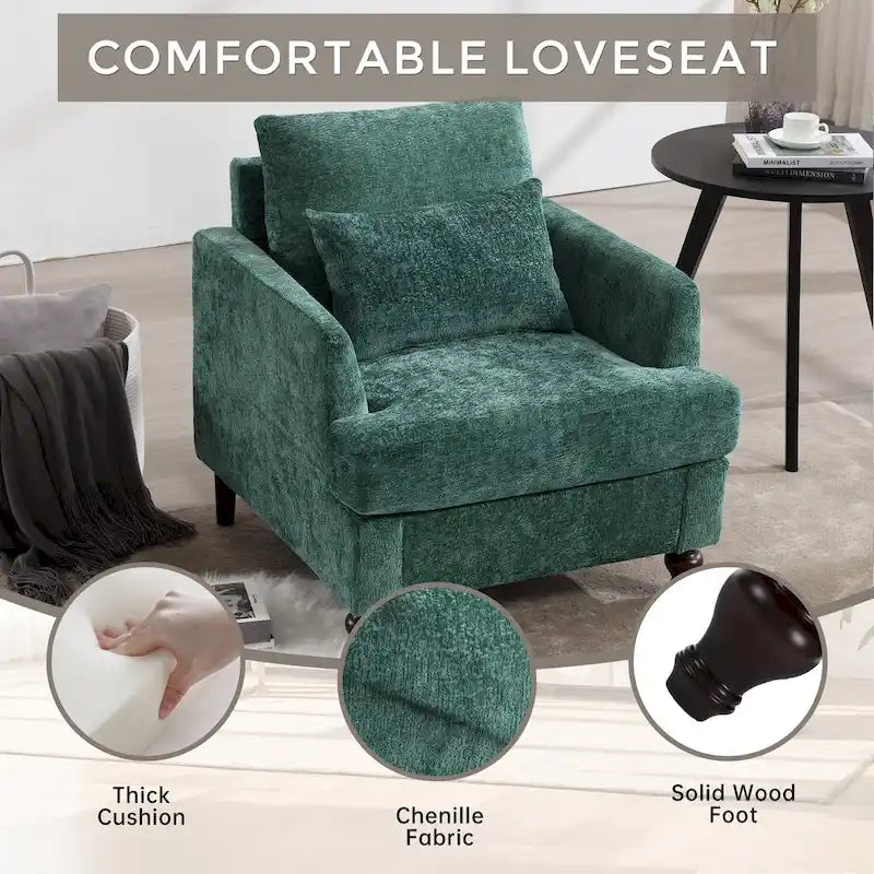 Fauteuil tapissé en chenille de 29,53 po avec structure en bois massif et coussins