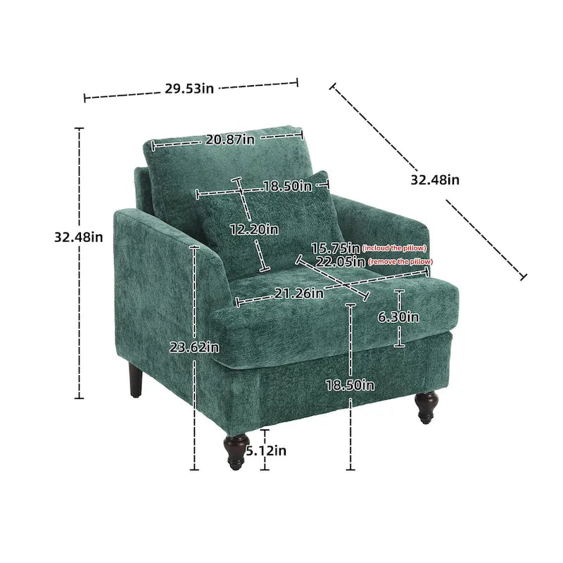 Fauteuil tapissé en chenille de 29,53 po avec structure en bois massif et coussins