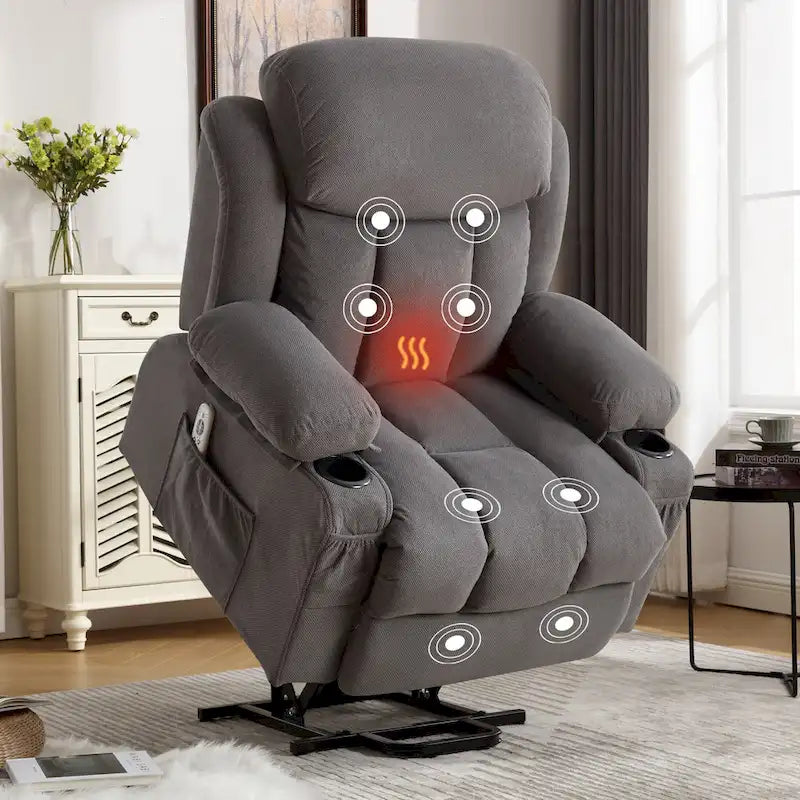 Grey Electric Power Lift Recliner featuring Heating, Massage, USB Port, Side Pockets, and Remote Control Functionality