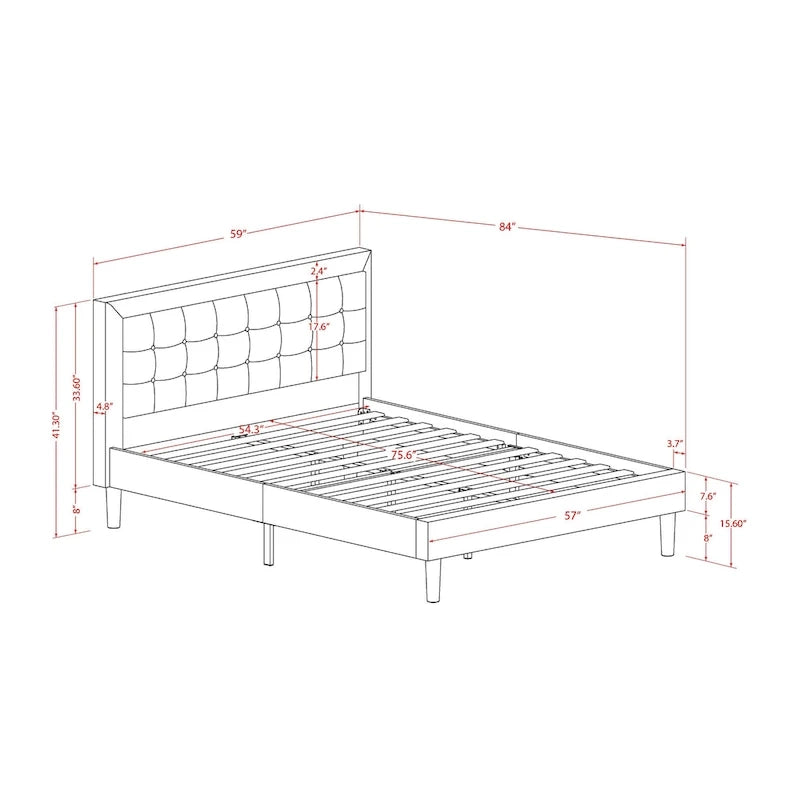 Lit plateforme - Tête de lit en tissu avec finition capitonnée à boutons - Pieds noirs (Option de taille et de finition)