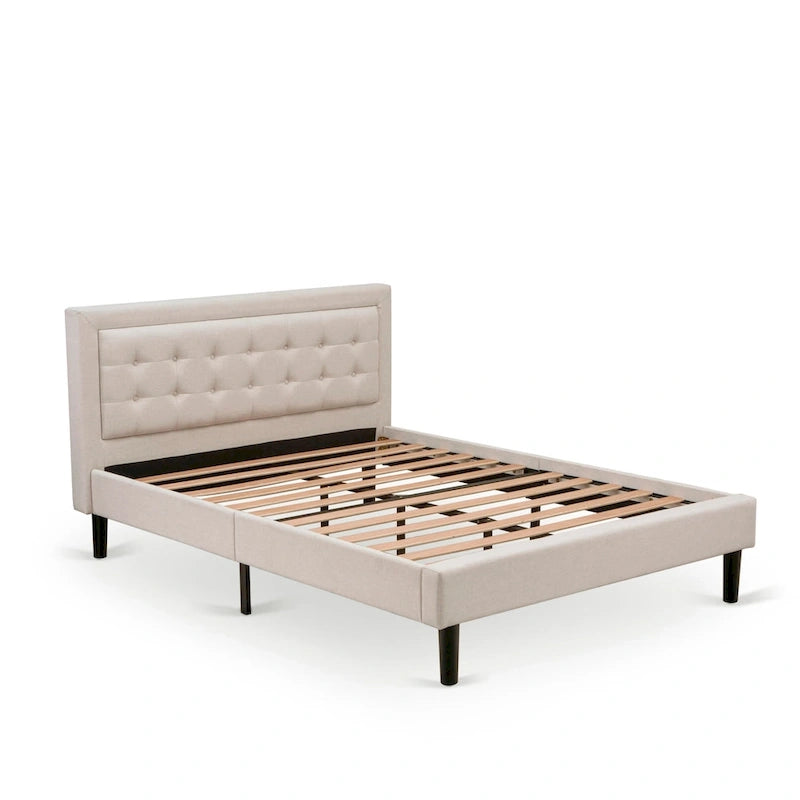Lit plateforme - Tête de lit en tissu avec finition capitonnée à boutons - Pieds noirs (Option de taille et de finition)