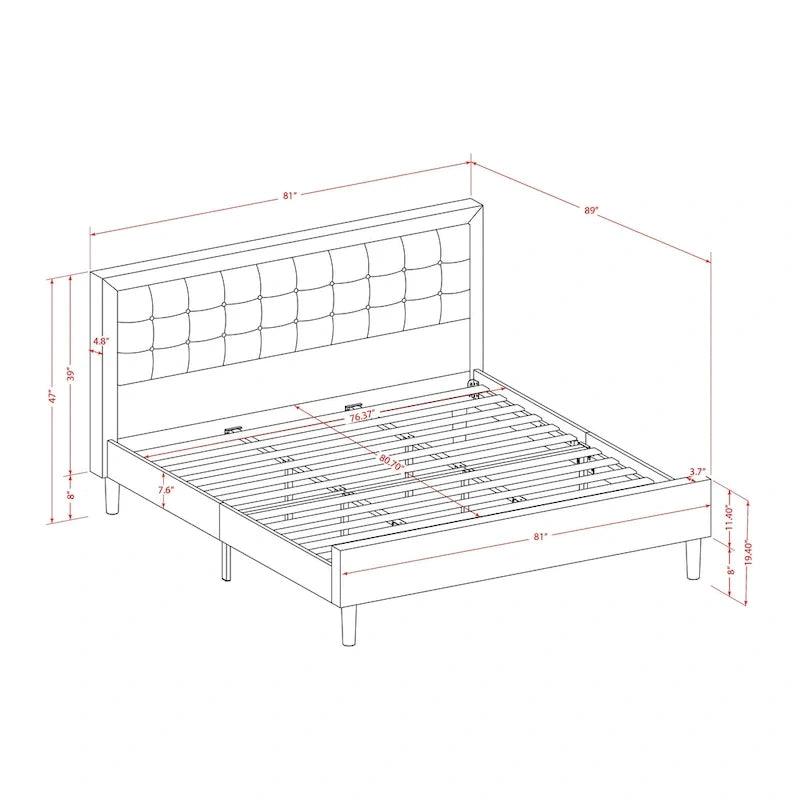 Lit plateforme - Tête de lit en tissu avec finition capitonnée à boutons - Pieds noirs (Option de taille et de finition)