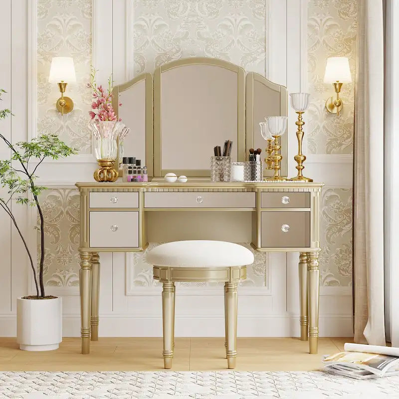 Coiffeuse de 43 po avec tiroirs miroitants et tabouret pour chambre à coucher