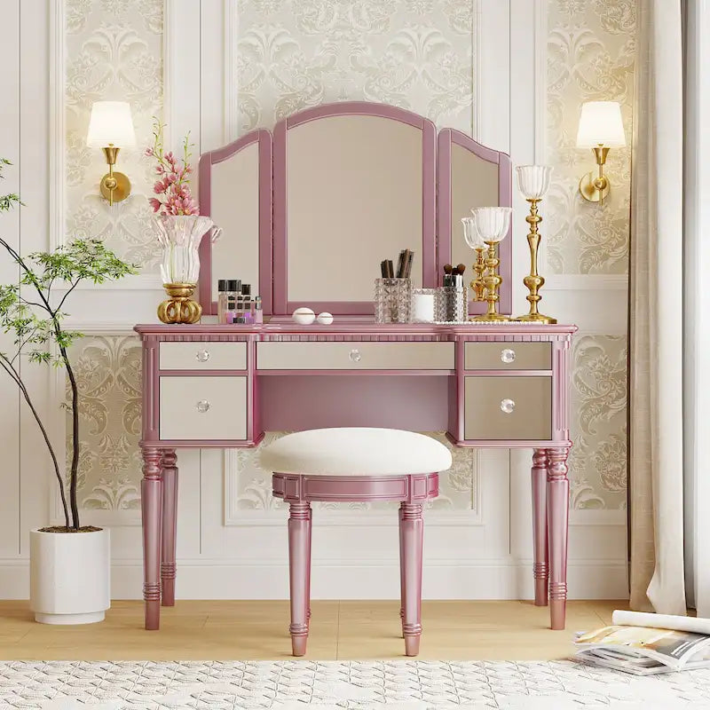Coiffeuse de 43 po avec tiroirs miroitants et tabouret pour chambre à coucher