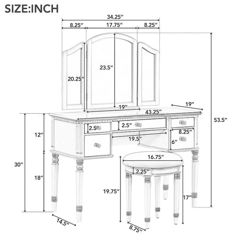 43Makeup Vanity Set with Mirrored Drawers and Stool for Bedroom