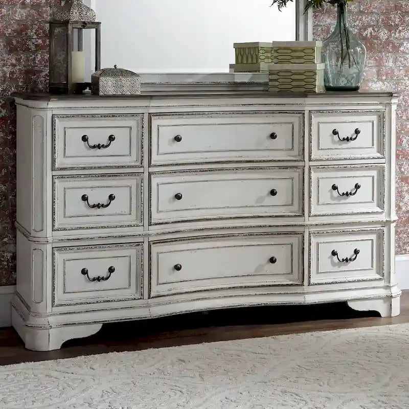 Commode 9 tiroirs en bois vieilli blanc antique
