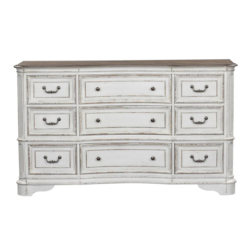Commode 9 tiroirs en bois vieilli blanc antique