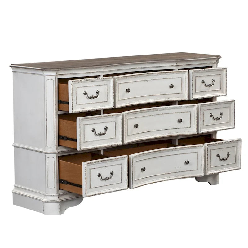 Commode 9 tiroirs en bois vieilli blanc antique
