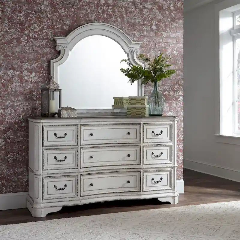 Commode 9 tiroirs en bois vieilli blanc antique