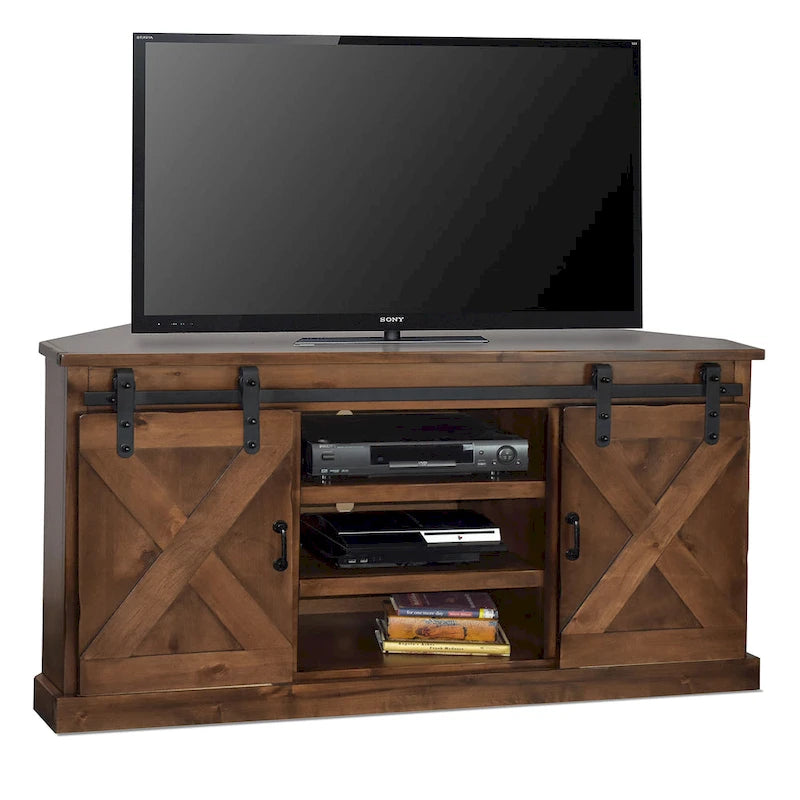 Meuble TV d'angle de 66 pouces pour téléviseurs jusqu'à 80 pouces, aucun assemblage requis, fini whisky vieilli