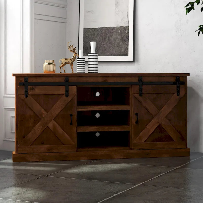 Meuble TV d'angle de 66 pouces pour téléviseurs jusqu'à 80 pouces, aucun assemblage requis, fini whisky vieilli
