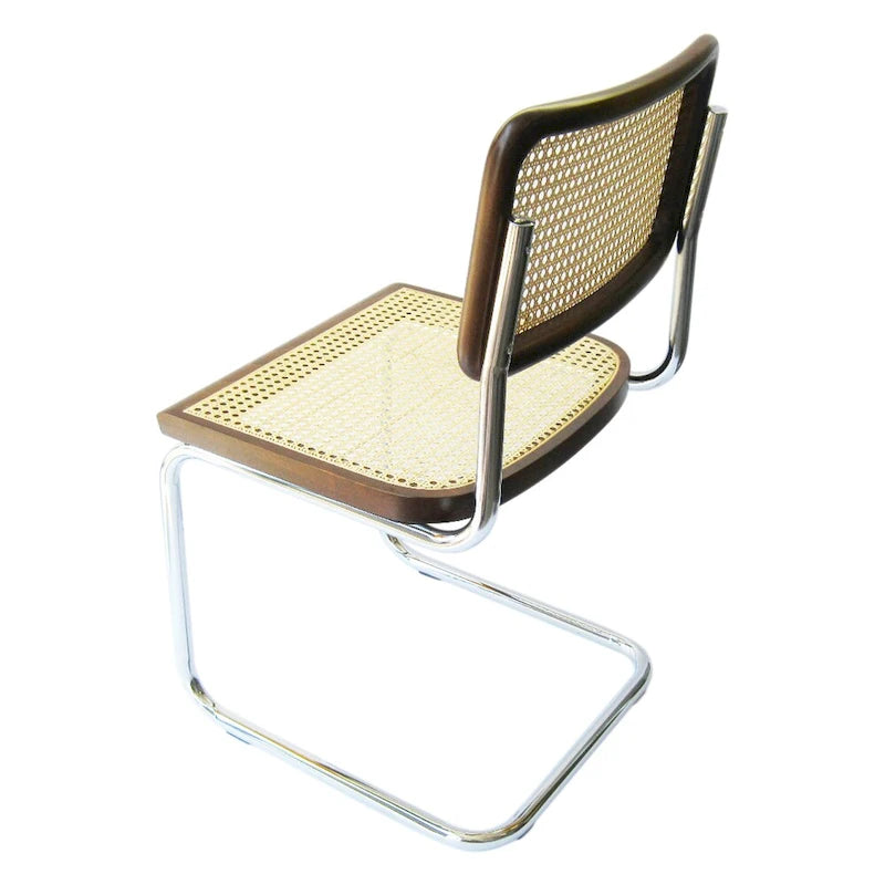 Chaise de salle à manger en cannage, chrome et noyer