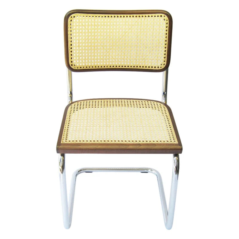 Chaise de salle à manger en cannage, chrome et noyer