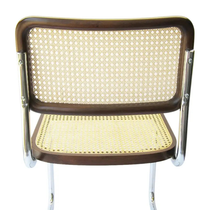 Chaise de salle à manger en cannage, chrome et noyer