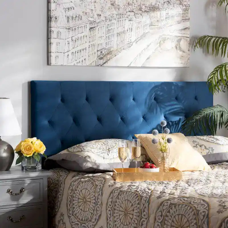 Tête de lit rembourrée en velours moderne et contemporain - Bleu marine