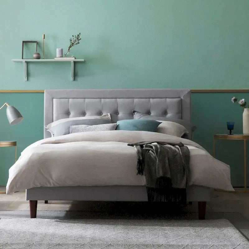 Lit plateforme haut de gamme capitonné beige en tissu gris sable