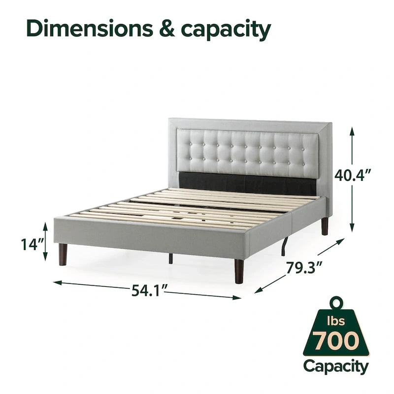 Lit plateforme haut de gamme capitonné beige en tissu gris sable