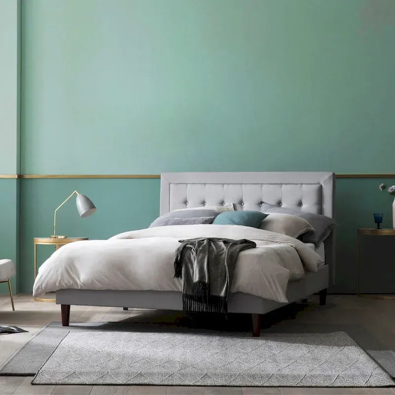 Lit plateforme haut de gamme capitonné beige en tissu gris sable
