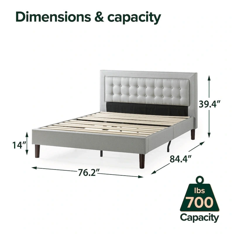 Lit plateforme haut de gamme capitonné beige en tissu gris sable