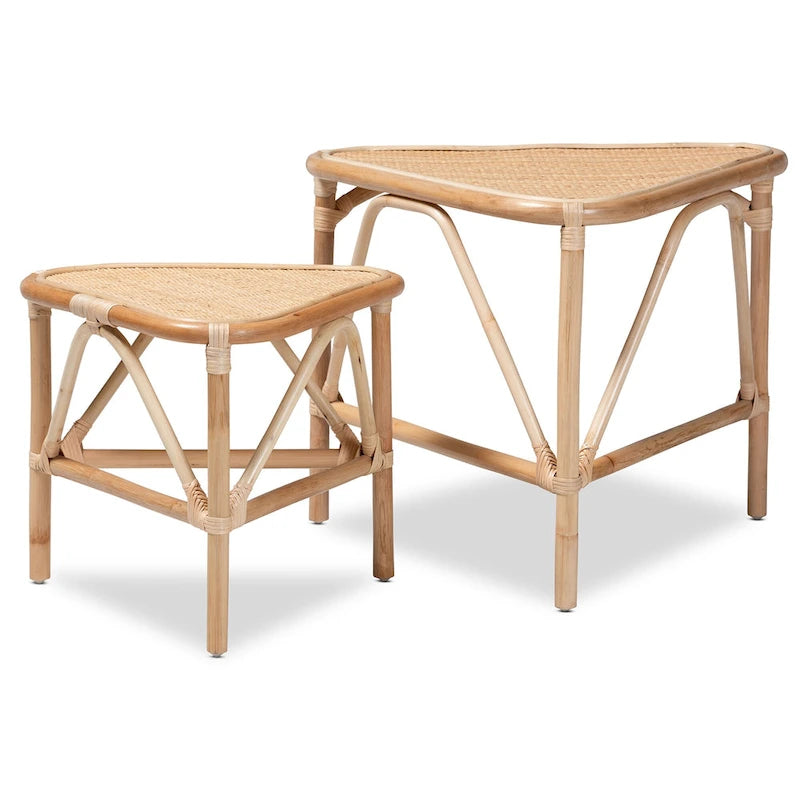 Ensemble de deux bouts de canapé en rotin au fini brun naturel style bohème
