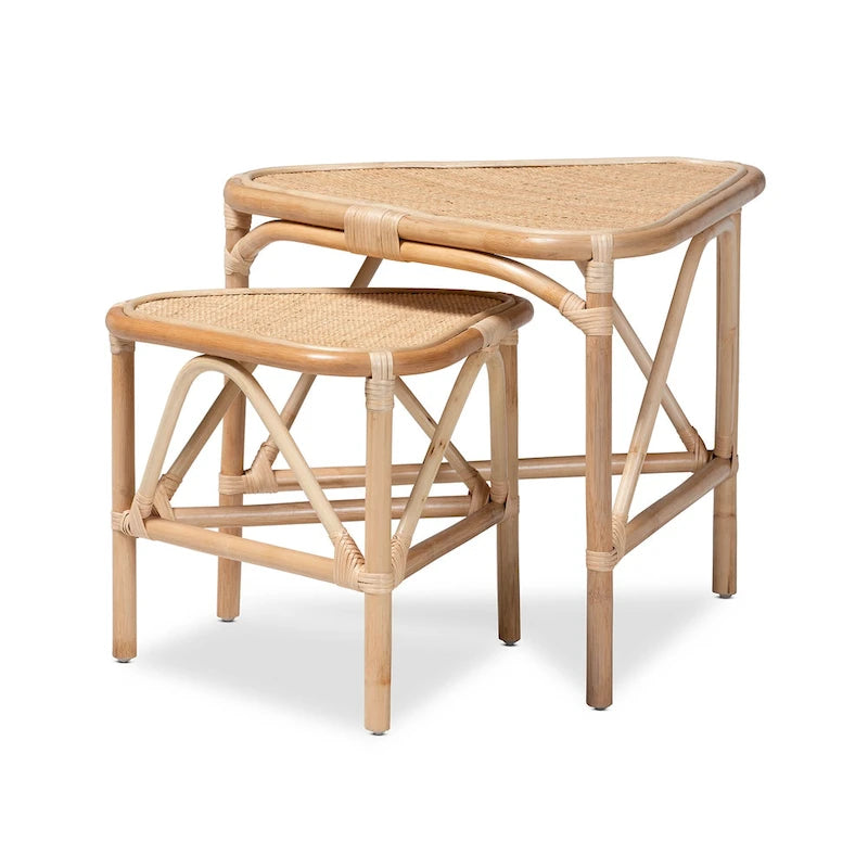 Ensemble de deux bouts de canapé en rotin au fini brun naturel style bohème