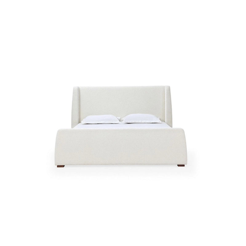 Lit plateforme, tête de lit à oreilles, revêtement en tissu bouclé blanc