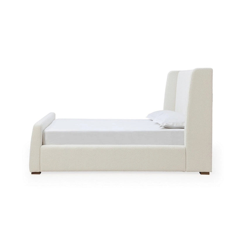 Lit plateforme, tête de lit à oreilles, revêtement en tissu bouclé blanc