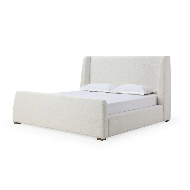 Lit plateforme, tête de lit à oreilles, revêtement en tissu bouclé blanc
