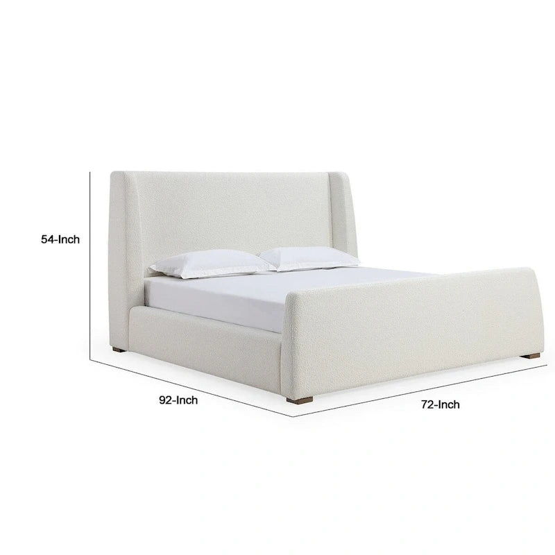 Lit plateforme, tête de lit à oreilles, revêtement en tissu bouclé blanc