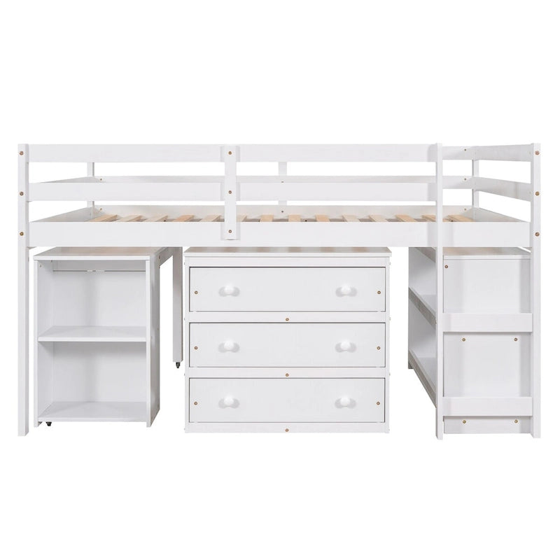 Lit mezzanine multifonction avec armoire, étagères et bureau roulant portable