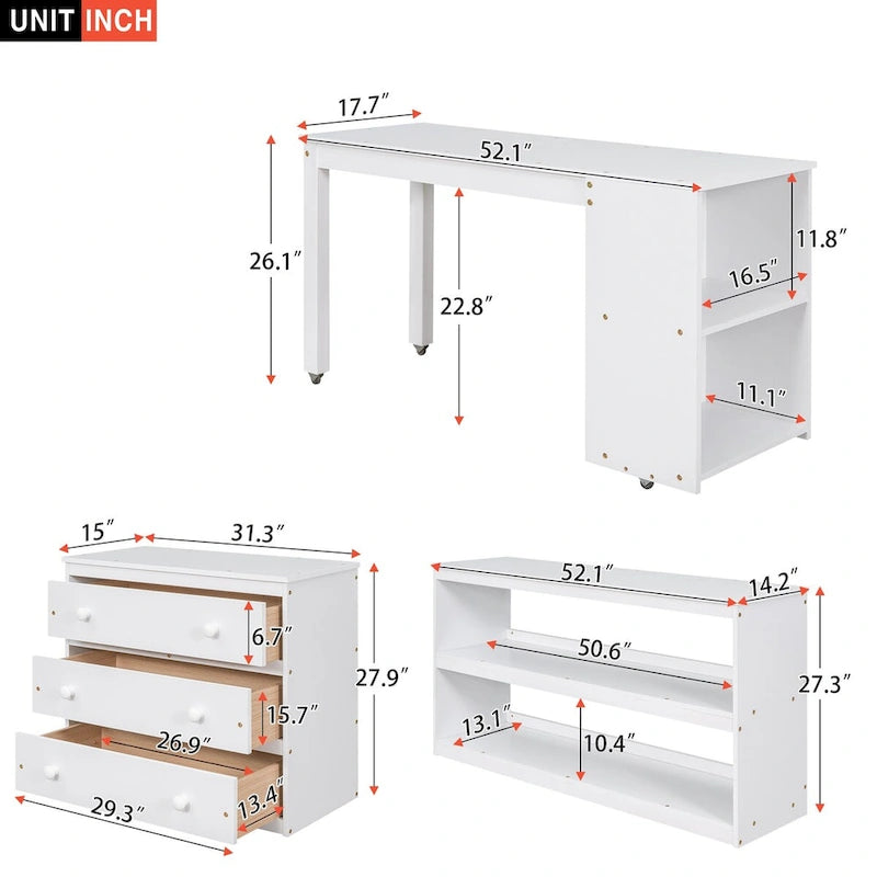 Lit mezzanine multifonction avec armoire, étagères et bureau roulant portable