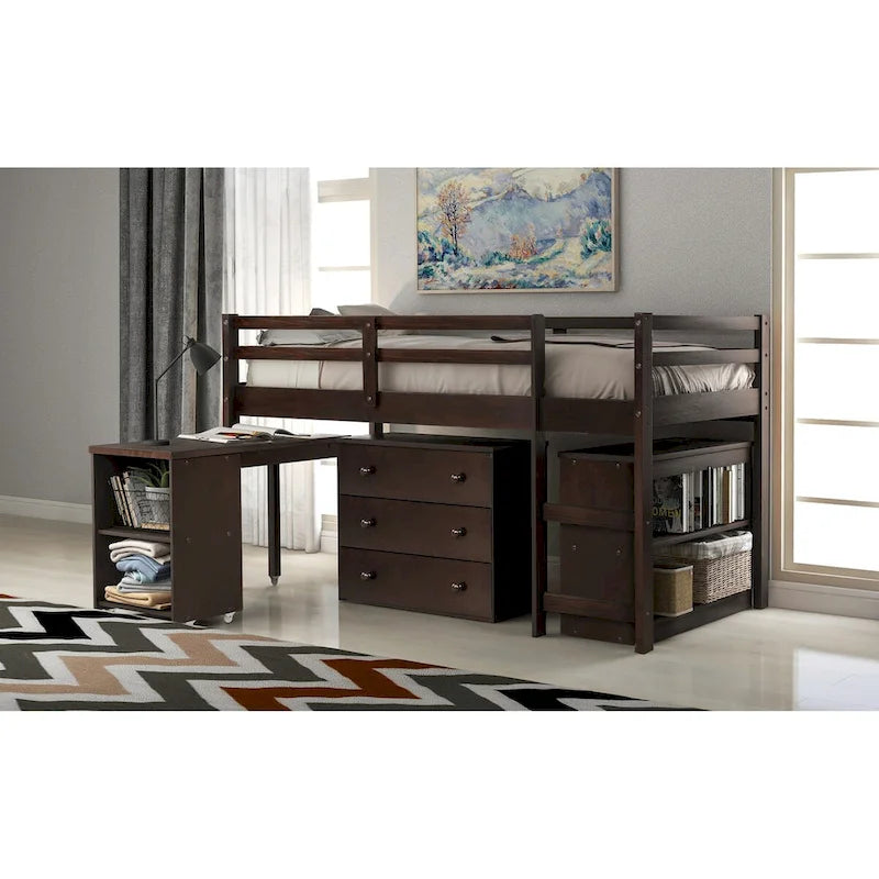 Lit mezzanine multifonction avec armoire, étagères et bureau roulant portable