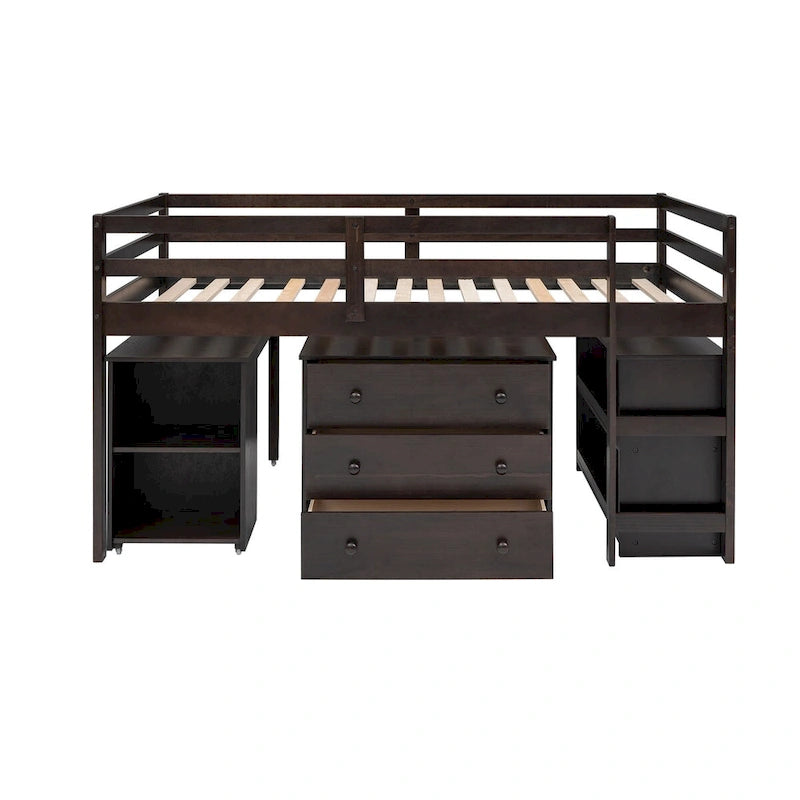 Lit mezzanine multifonction avec armoire, étagères et bureau roulant portable