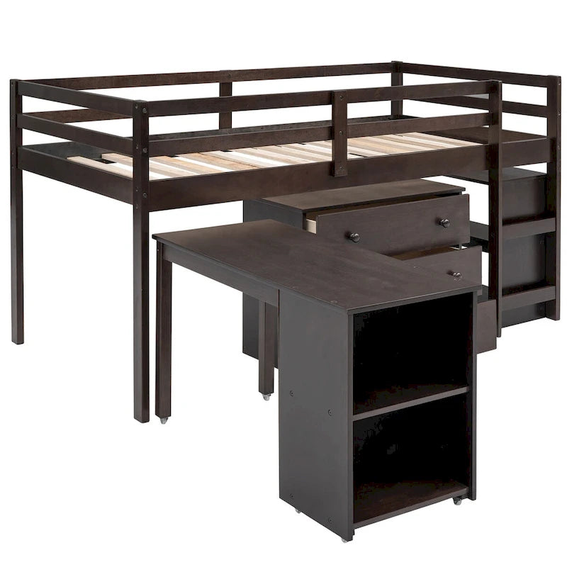 Lit mezzanine multifonction avec armoire, étagères et bureau roulant portable