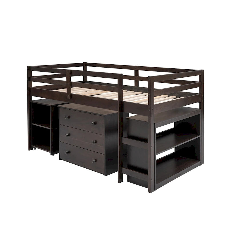 Lit mezzanine multifonction avec armoire, étagères et bureau roulant portable