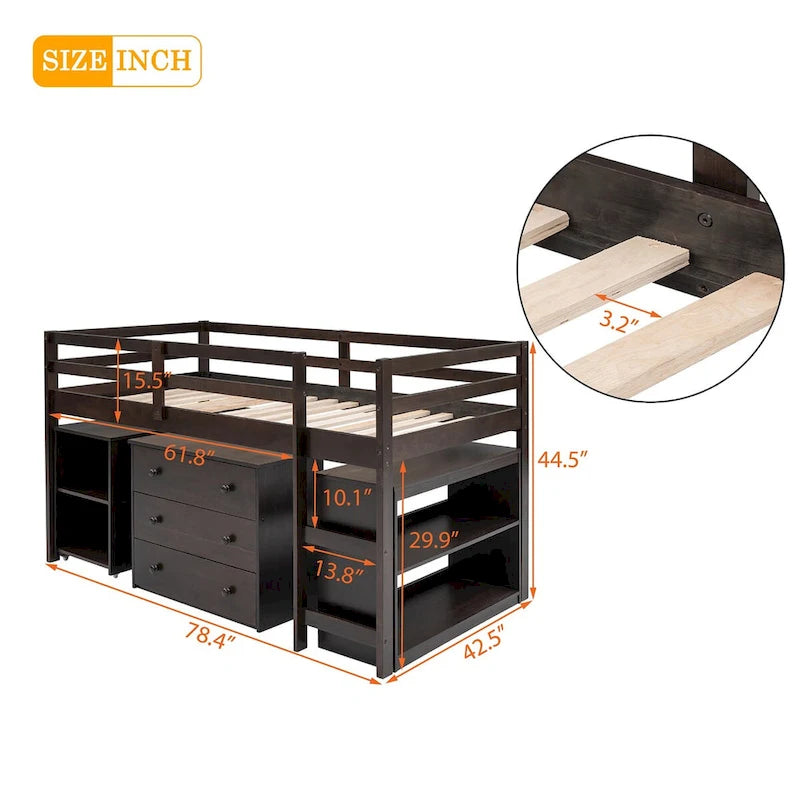Lit mezzanine multifonction avec armoire, étagères et bureau roulant portable