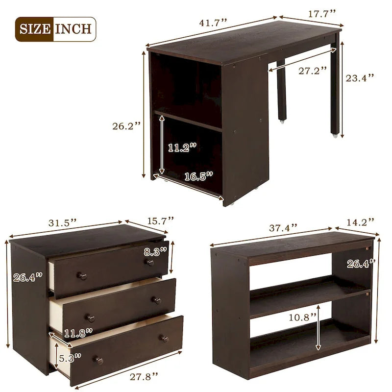 Lit mezzanine multifonction avec armoire, étagères et bureau roulant portable
