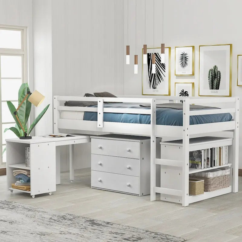 Lit mezzanine multifonction avec armoire, étagères et bureau roulant portable