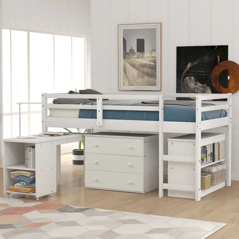 Lit mezzanine multifonction avec armoire, étagères et bureau roulant portable