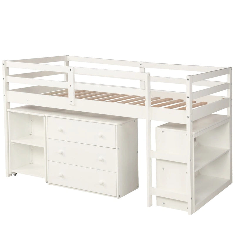 Lit mezzanine multifonction avec armoire, étagères et bureau roulant portable