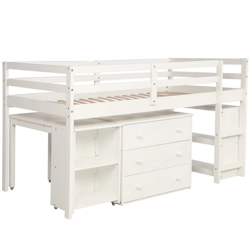 Lit mezzanine multifonction avec armoire, étagères et bureau roulant portable