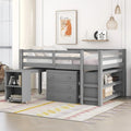 Lit mezzanine multifonction avec armoire, étagères et bureau roulant portable