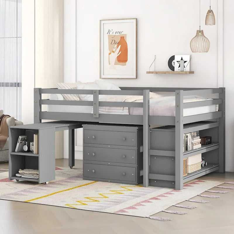 Lit mezzanine multifonction avec armoire, étagères et bureau roulant portable