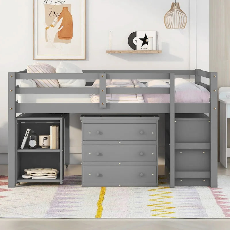 Lit mezzanine multifonction avec armoire, étagères et bureau roulant portable